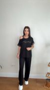 Kadın Kristal Kumaş Omuz Dekolteli Siyah Takım resmi